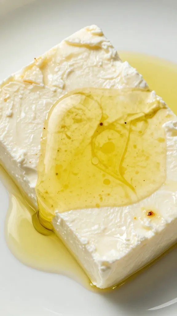 golden olive oil pooling around baked feta slab