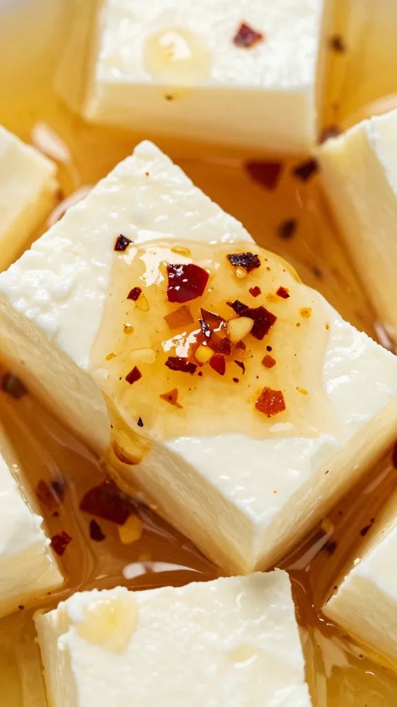 closeup of chili flakes embedded in hot honey on feta