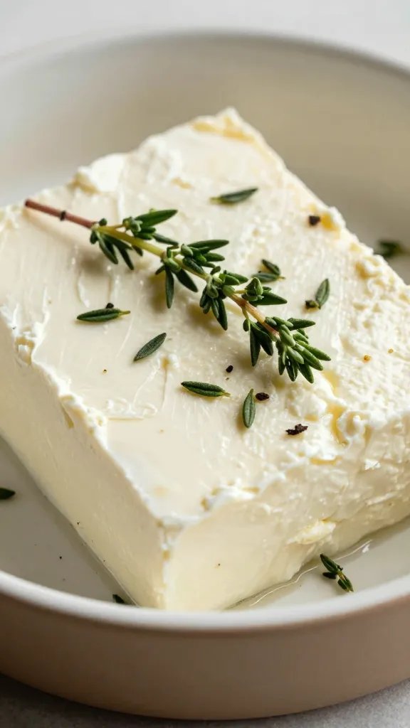 warm feta block topped with thyme in shallow dish