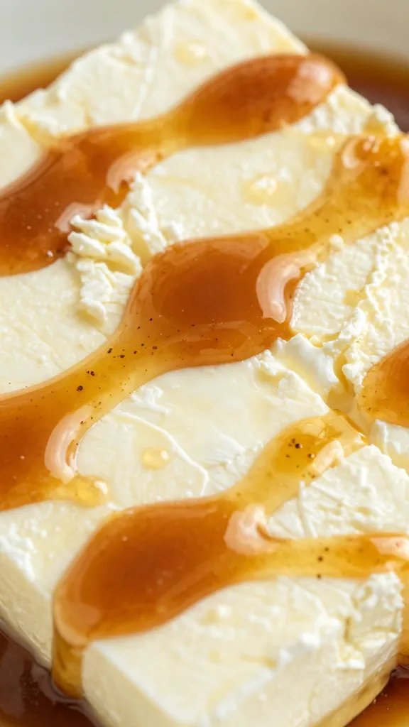 macro of caramelized honey glaze on feta surface