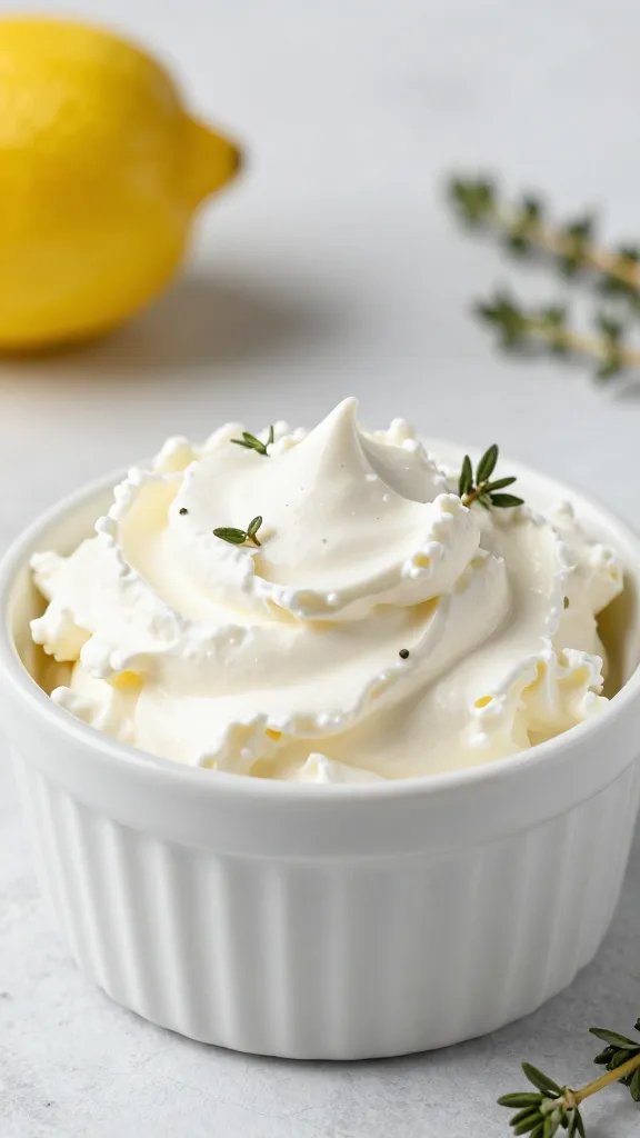lemon-thyme whipped goat cheese in matte white ramekin