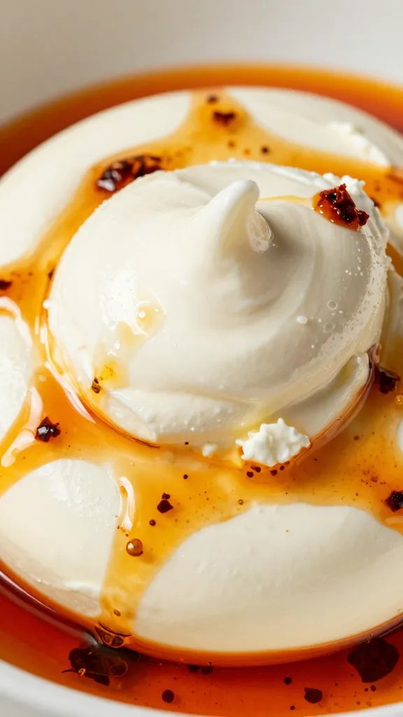 whipped goat cheese with chili oil sheen, tight macro