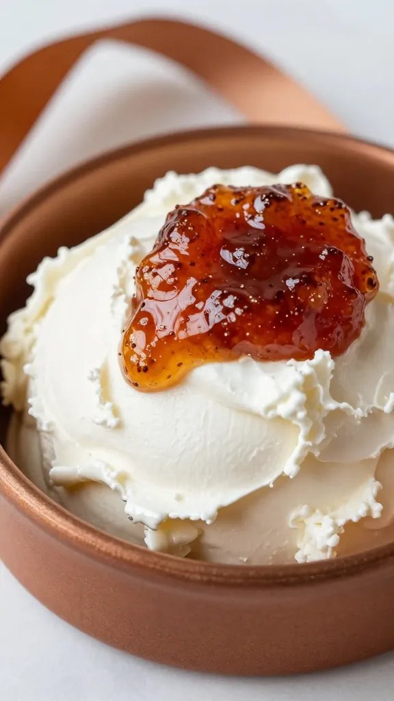 whipped goat cheese with fig jam ribbon, close macro