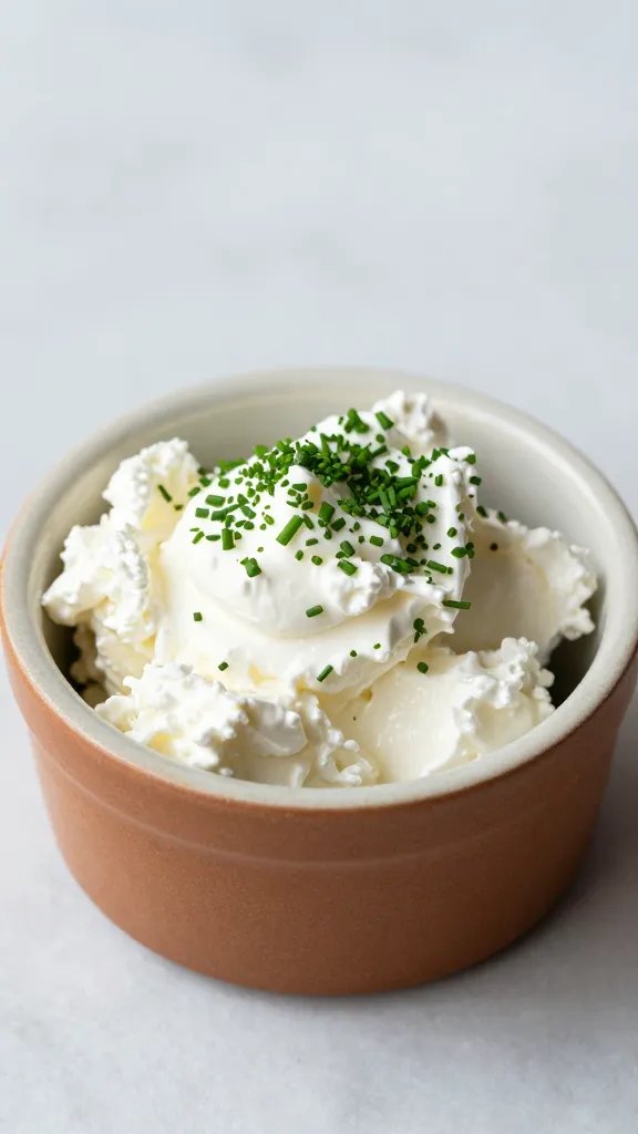whipped goat cheese with fresh chive confetti in stoneware cup