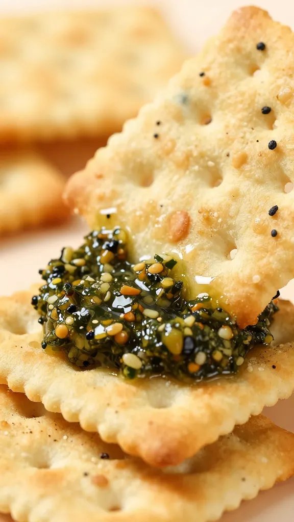 closeup of seeded cracker dipped in tapenade