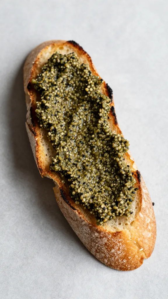 single grilled baguette slice with tapenade smear