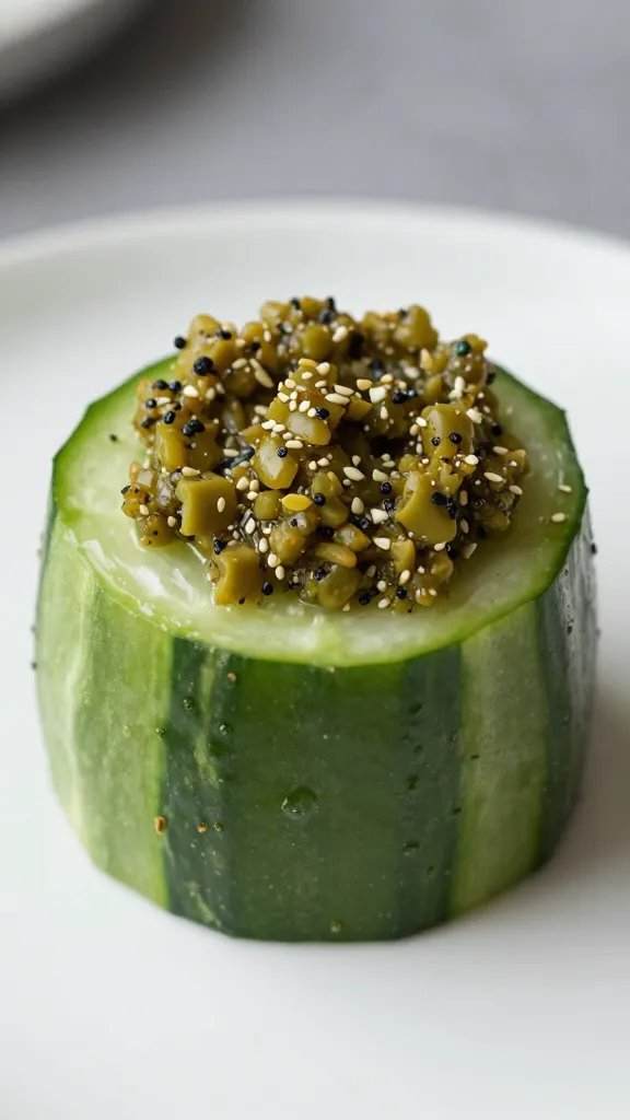 cucumber round topped with olive tapenade