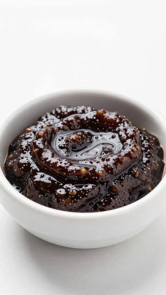 glossy kalamata tapenade in small ceramic bowl