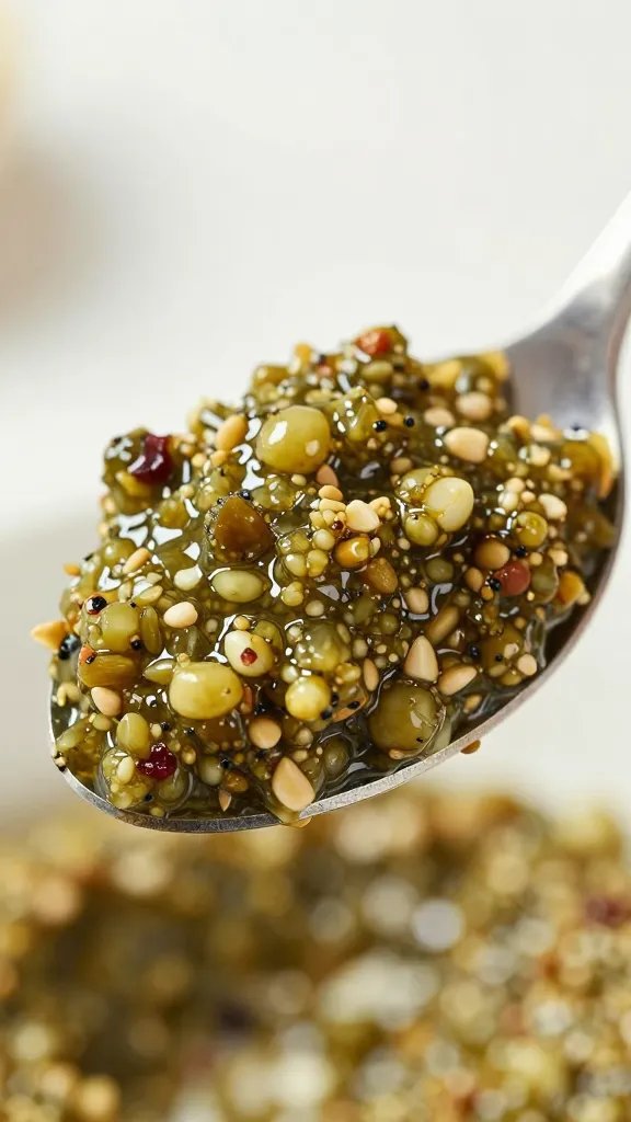 closeup of caper-studded tapenade on spoon