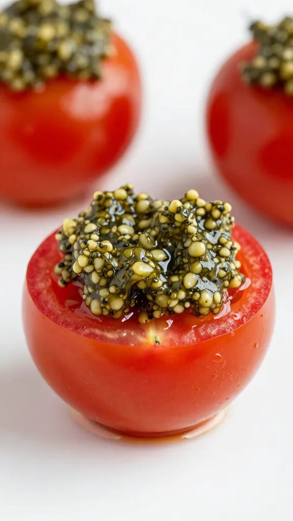 cherry tomato half crowned with tapenade