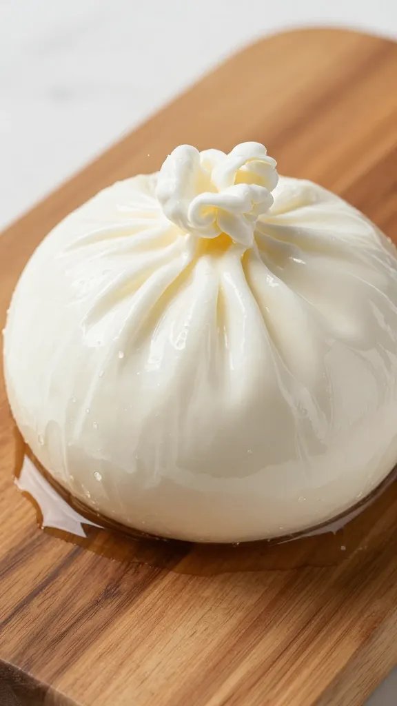 closeup of burrata ball on olive wood board