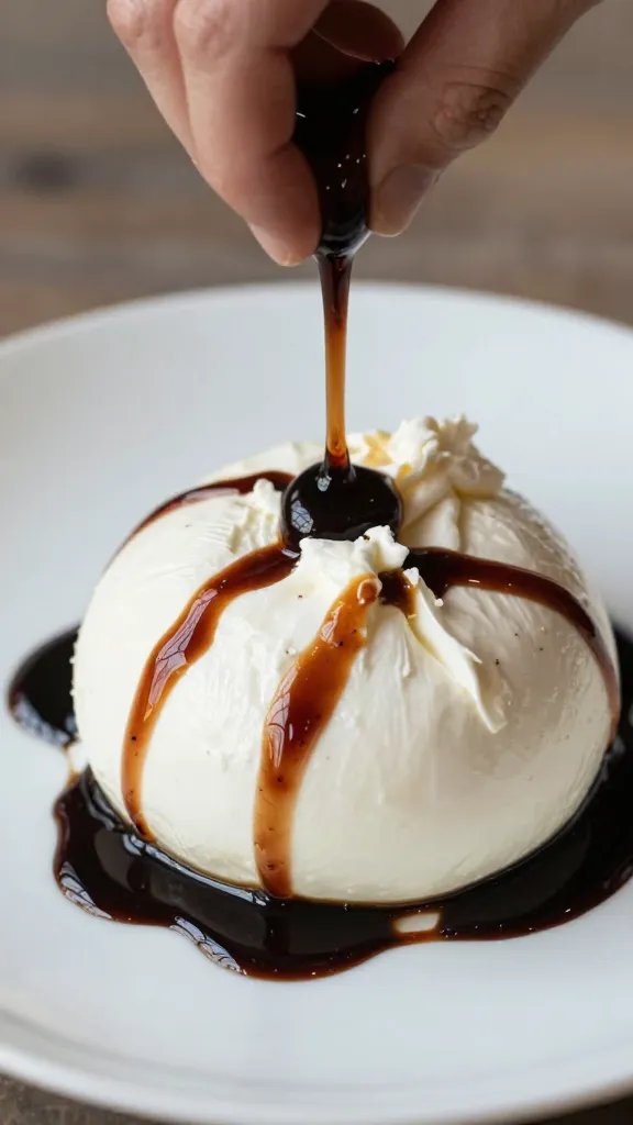 drizzle of balsamic glaze over burrata surface