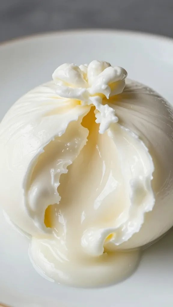 torn burrata revealing creamy stracciatella interior