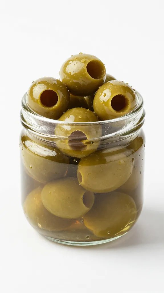 small jar of castelvetrano olives with condensation