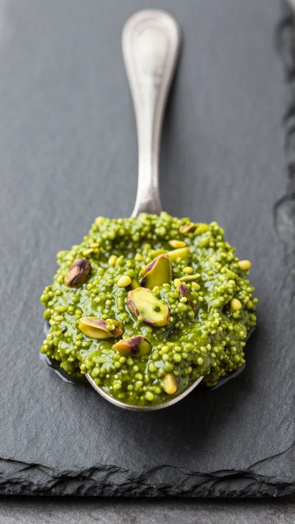 spoonful of pistachio pesto on slate board