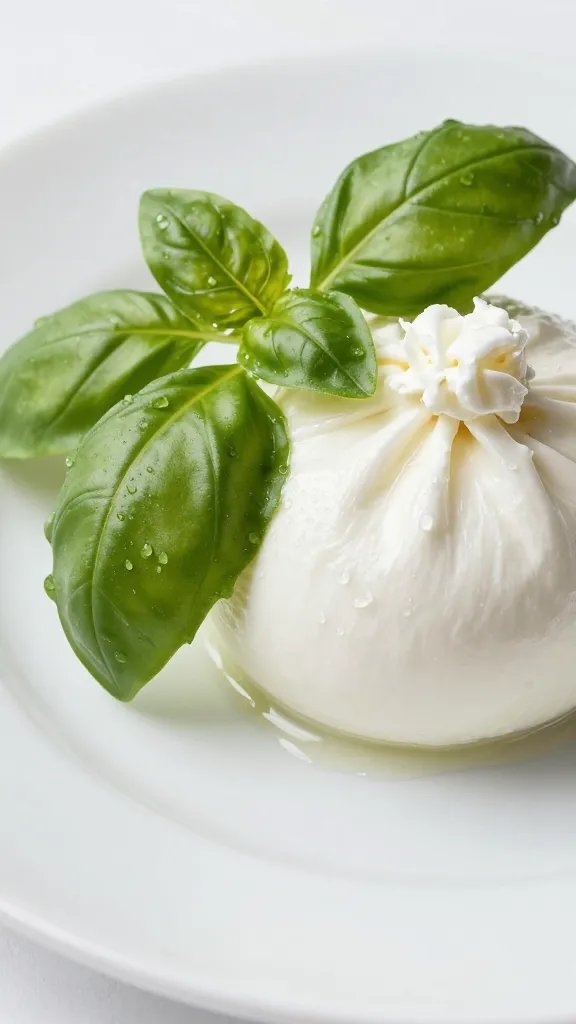 fresh basil sprig beside burrata, dewy leaves