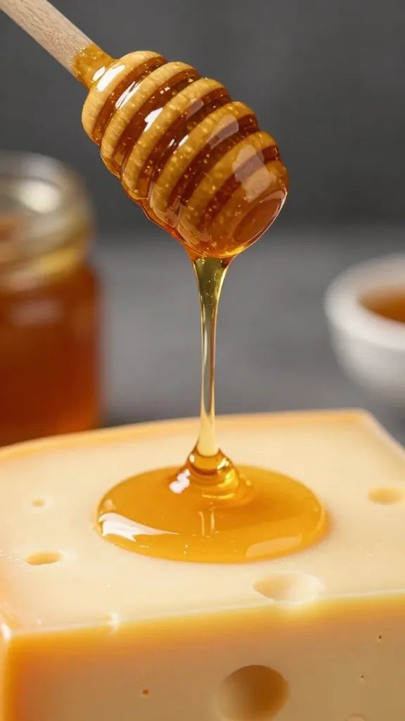 honey dipper dripping chili honey onto cheese