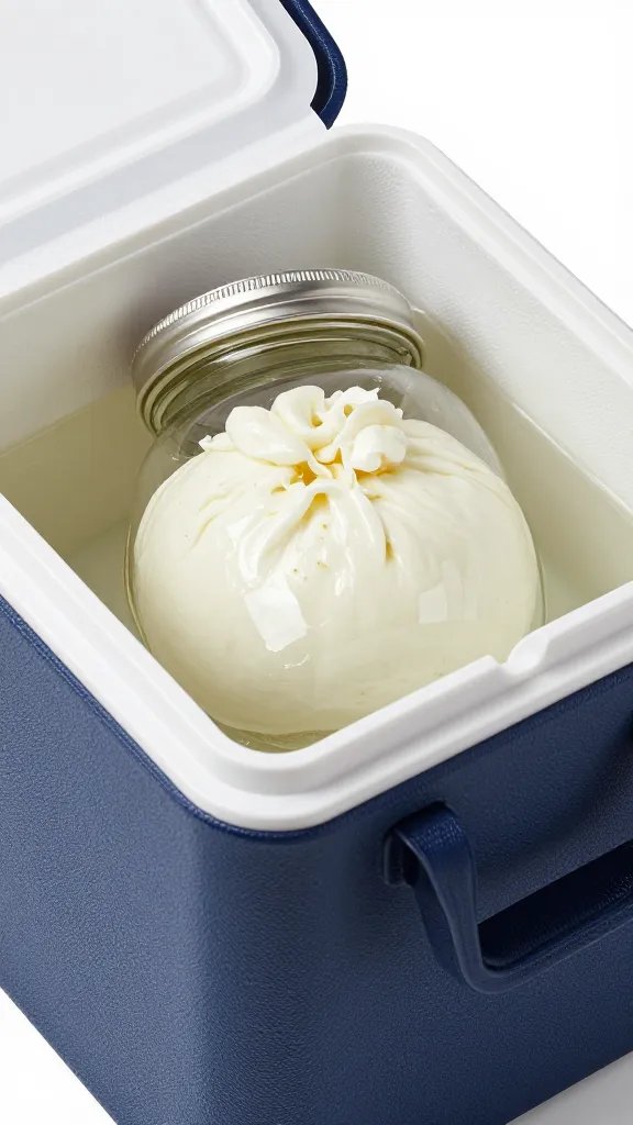 travel cooler packed with burrata in brine jar