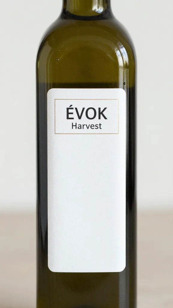 closeup of dark glass EVOO bottle with harvest date label