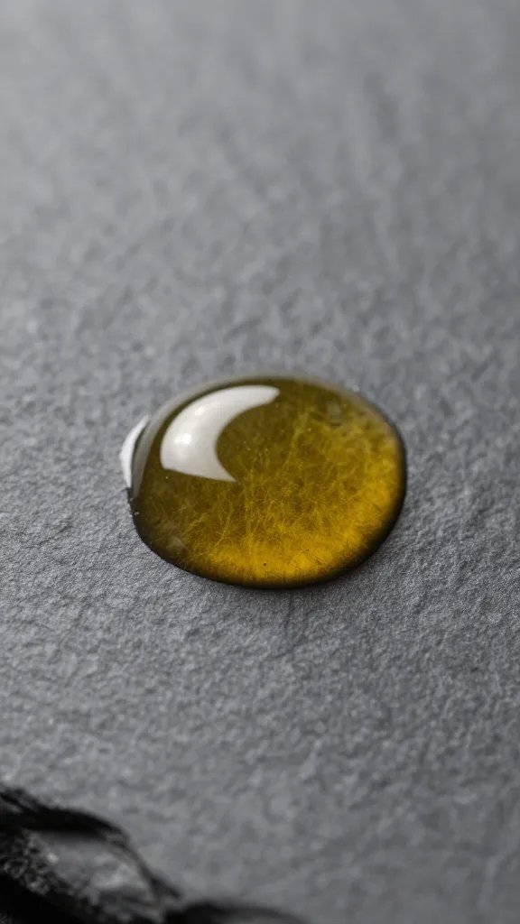 golden olive oil droplet on matte slate surface