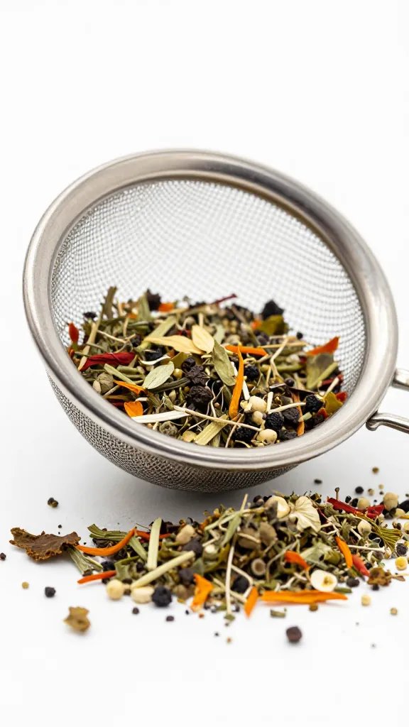 fine-mesh tea strainer with dried herb blend