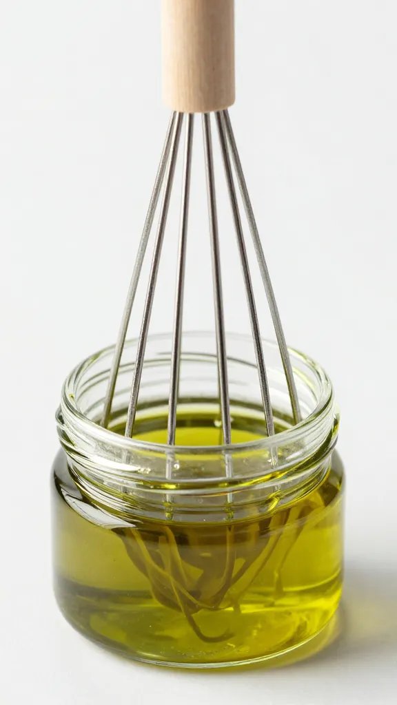 mini whisk coated in glossy olive oil