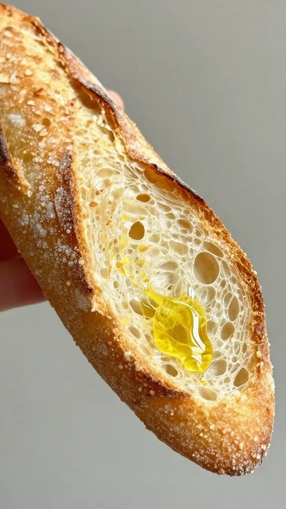 single baguette slice dipped in silky oil, closeup
