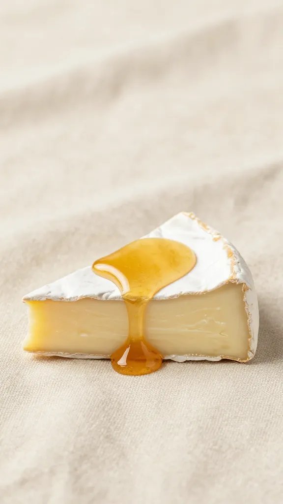 Brie wedge with honey drizzle, picnic blanket background