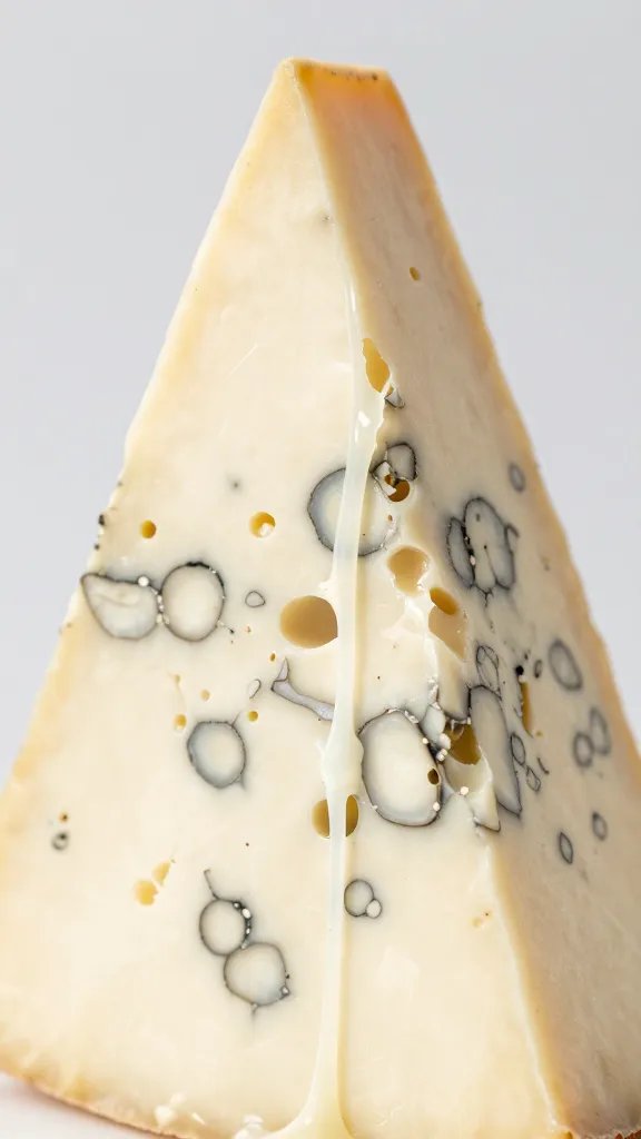 Gorgonzola dolce piece with oozing vein, closeup