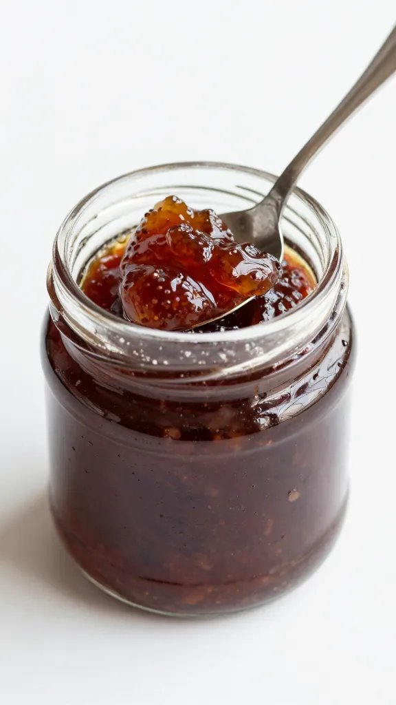 Small jar of fig jam with spoon, tight shot
