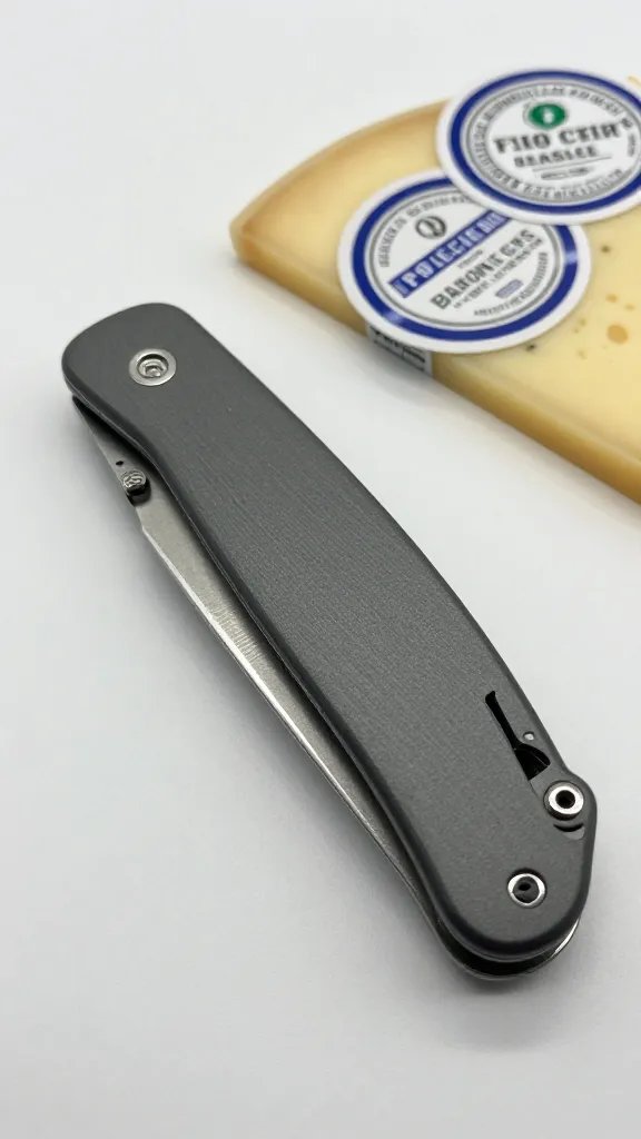Folding pocket knife beside cheese labels, shallow focus