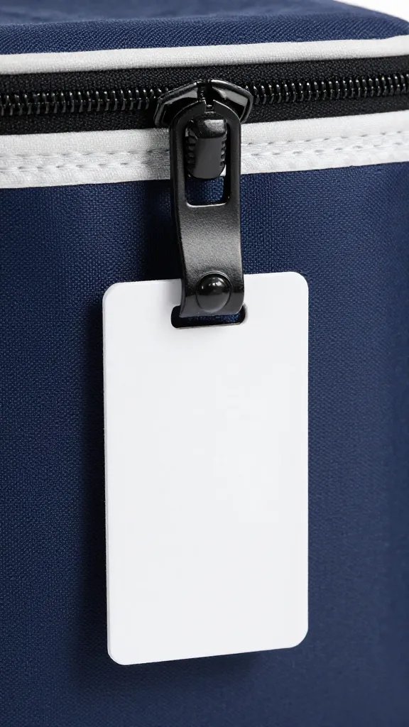 Insulated cooler bag zipper pull, label in focus