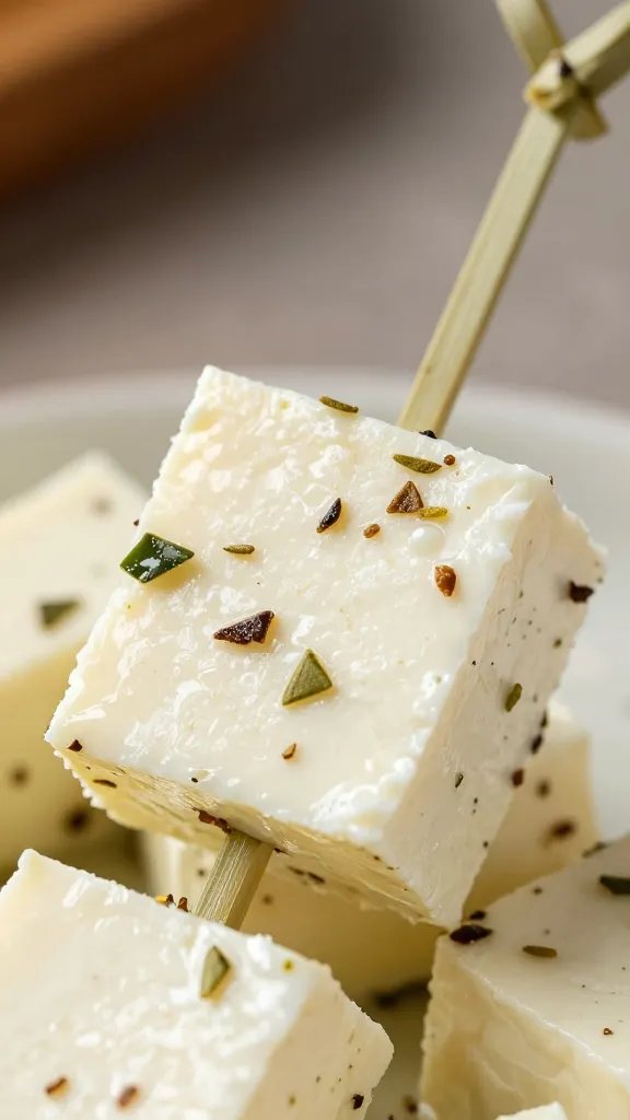 closeup of marinated feta cube with oregano on skewer