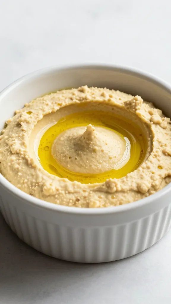 rustic ramekin of whipped hummus with olive oil swirl