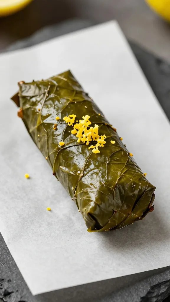 single stuffed grape leaf on parchment with lemon zest