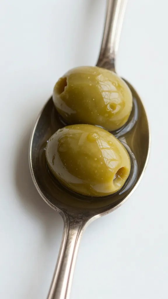 kalamata olive in brine on vintage silver spoon