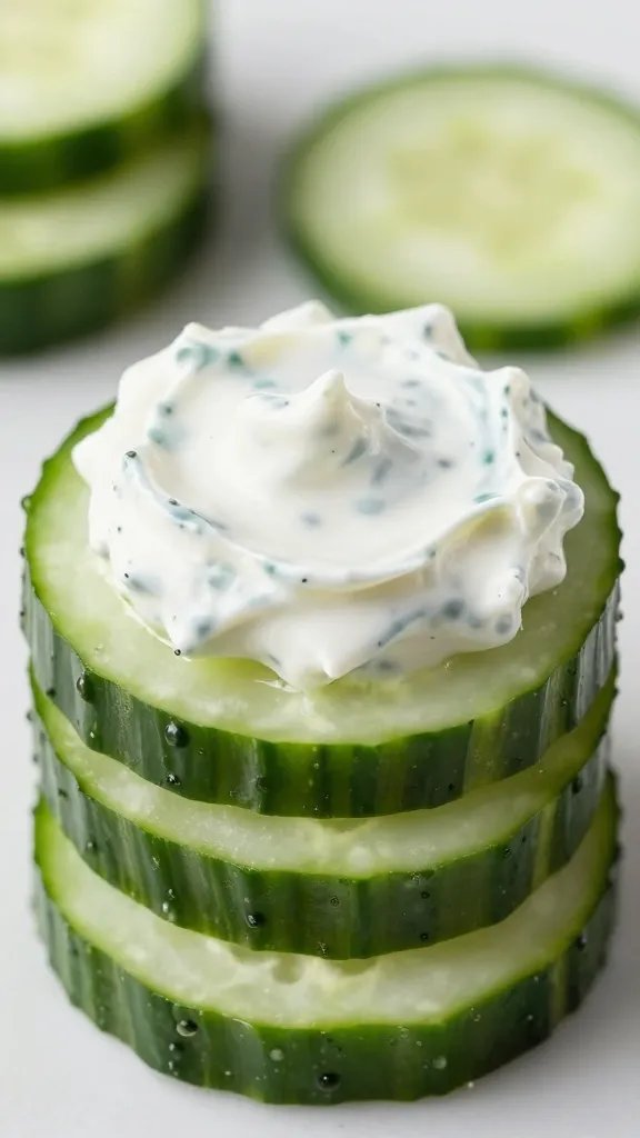 sliced cucumber round topped with tzatziki dollop
