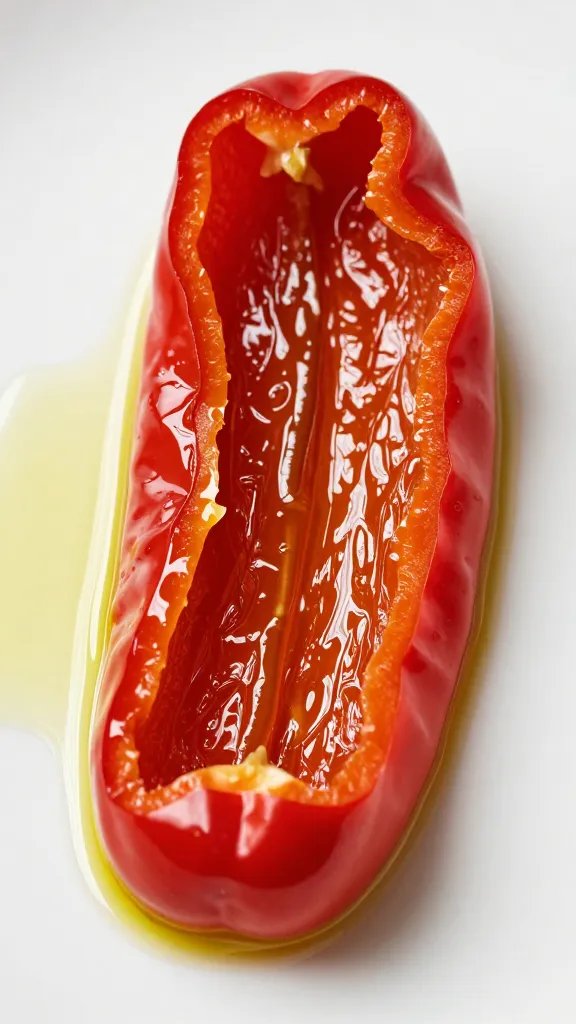 roasted red pepper strip glistening with olive oil