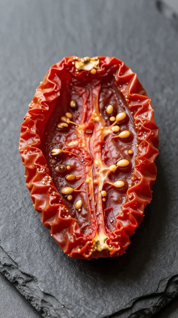 sun-dried tomato half on slate, seeds and wrinkles visible