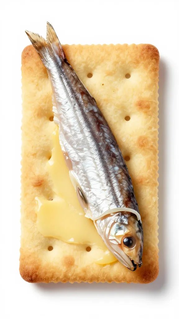 single anchovy fillet curled atop buttered cracker