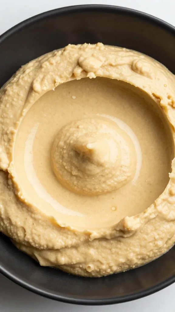 Closeup of tahini-drizzled hummus in matte black bowl