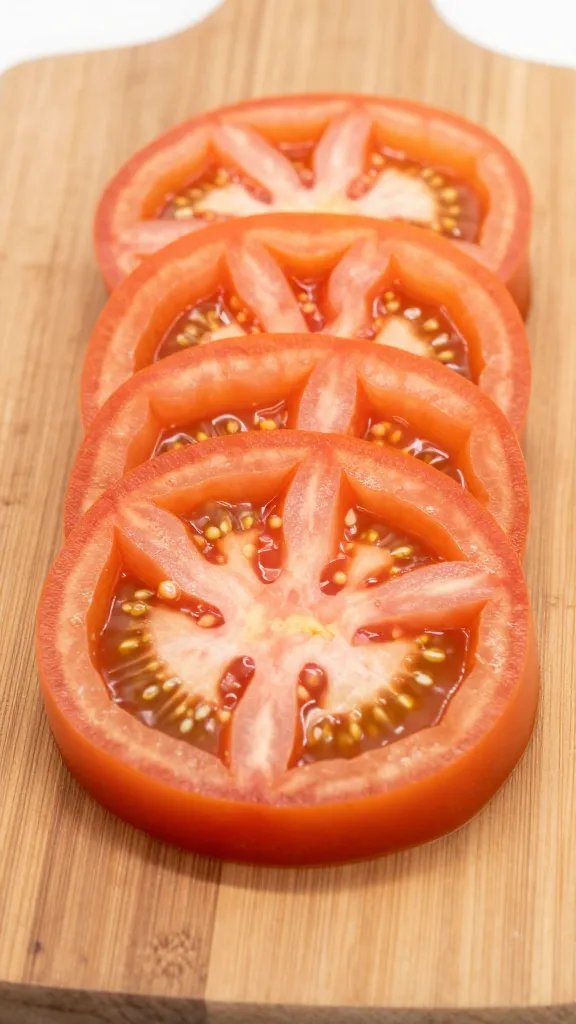 Sliced heirloom tomato fan on olive wood board, closeup