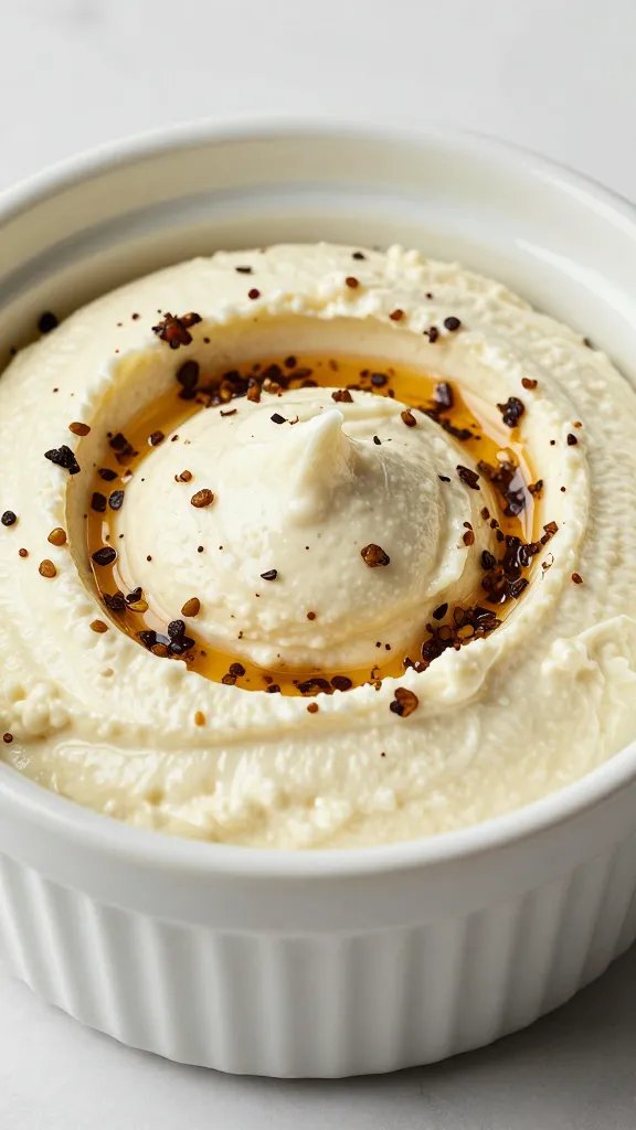Labneh swirl topped with za’atar in white ramekin