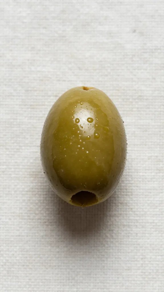 Single glossy Kalamata olive on textured linen