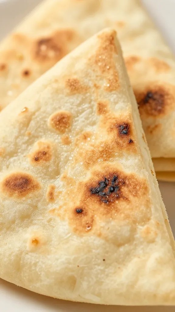 Toasted pita triangle with visible char, extreme closeup