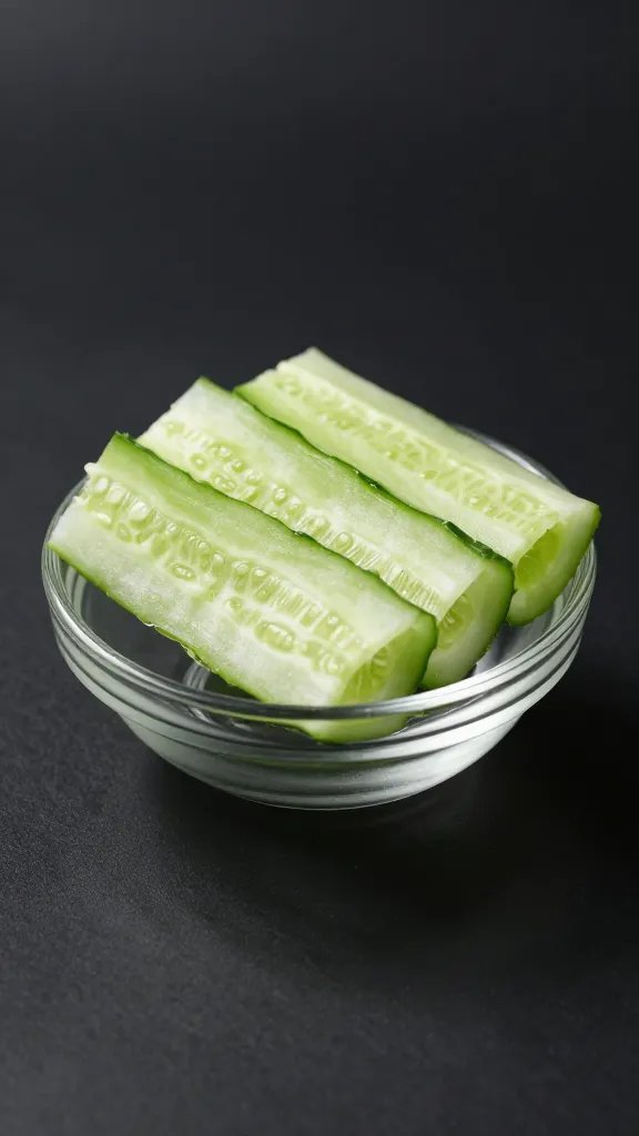 Cucumber ribbons in small glass dish, studio lighting
