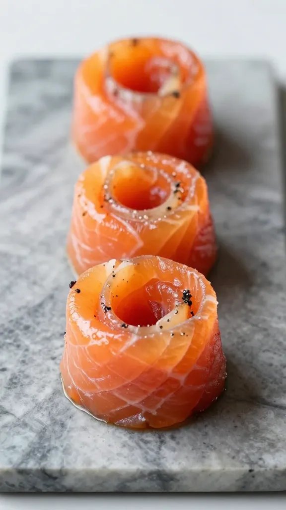 Smoked salmon rosette on marble slab, tight crop