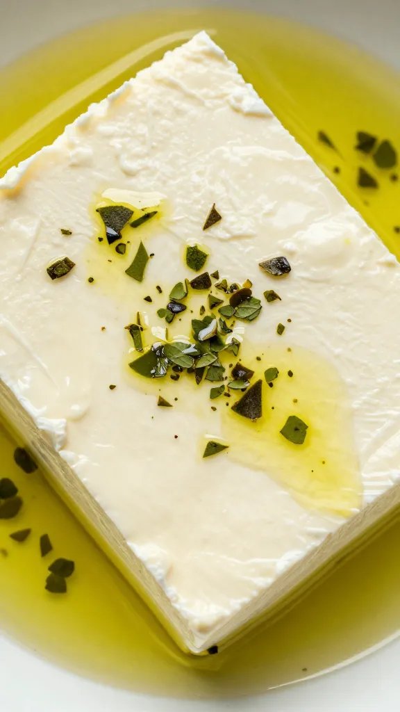 Feta block with olive oil and oregano, overhead closeup