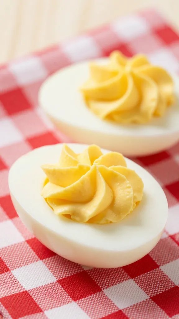 closeup of deviled egg on gingham napkin