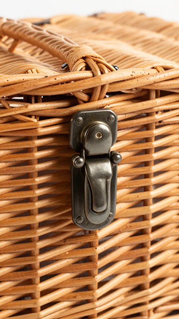 vintage wicker picnic basket latch detail